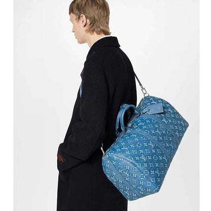 Louis Vuitton LV Unisex Keepall Bandoulière 50 Weekend Bag Denim Blue Cowhide Leather