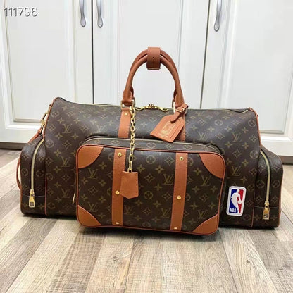 Louis Vuitton LV Unisex Keepall Trio Pocket Travel Bag Brown Monogram Canvas