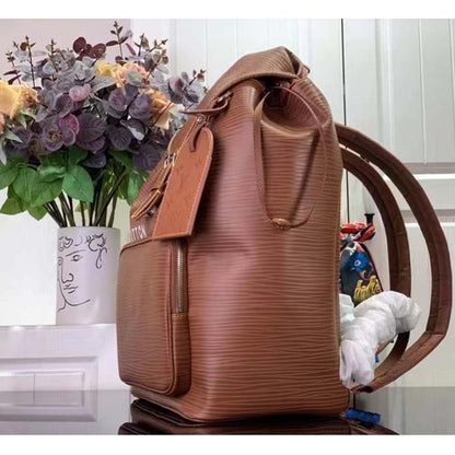 Louis Vuitton LV Unisex Montsouris Backpack Cognac Calf Leather Drawstring Magnetic Closure Handle