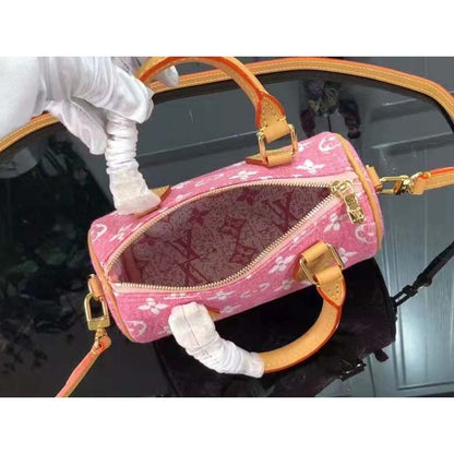 Louis Vuitton LV Women Nano Speedy Monogram Jacquard Denim Pink Cowhide Leather