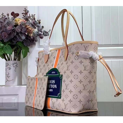 Louis Vuitton LV Unisex Neverfull MM Beige Ocher Monopaname Coated Canvas Cowhide Leather