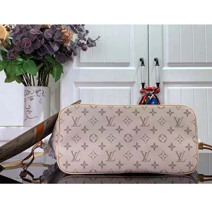 Louis Vuitton LV Unisex Neverfull MM Beige Ocher Monopaname Coated Canvas Cowhide Leather