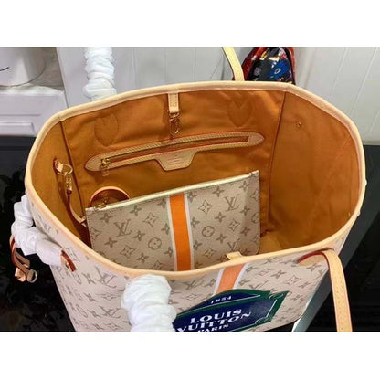 Louis Vuitton LV Unisex Neverfull MM Beige Ocher Monopaname Coated Canvas Cowhide Leather
