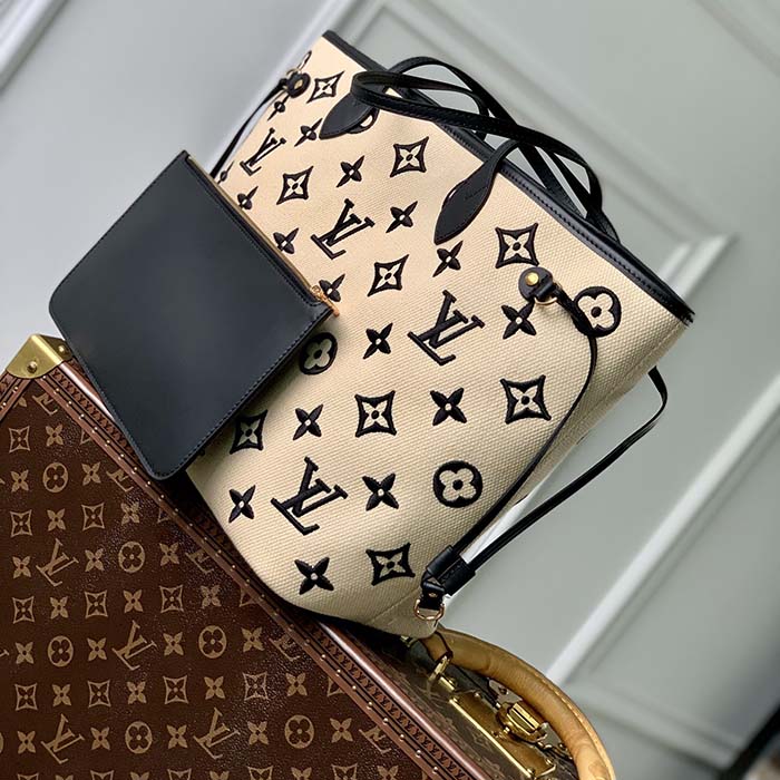 Louis Vuitton LV Unisex Neverfull MM Black Lotus Cotton Cowhide Leather