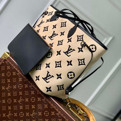 Louis Vuitton LV Unisex Neverfull MM Black Lotus Cotton Cowhide Leather