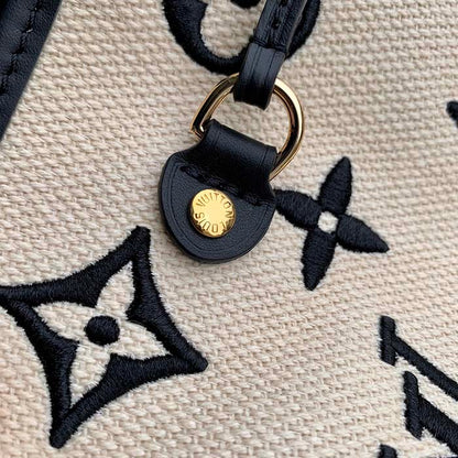 Louis Vuitton LV Unisex Neverfull MM Black Lotus Cotton Cowhide Leather