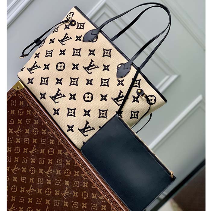 Louis Vuitton LV Unisex Neverfull MM Black Lotus Cotton Cowhide Leather