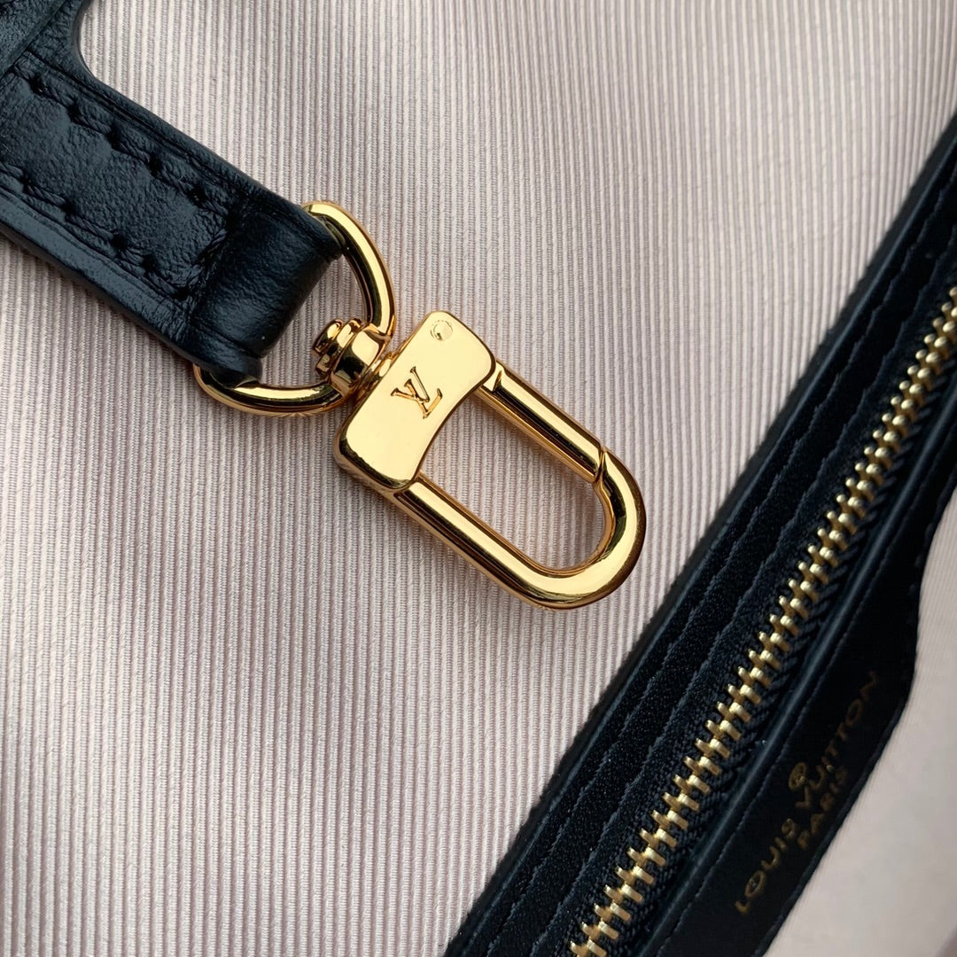 Louis Vuitton LV Unisex Neverfull MM Black Lotus Cotton Cowhide Leather