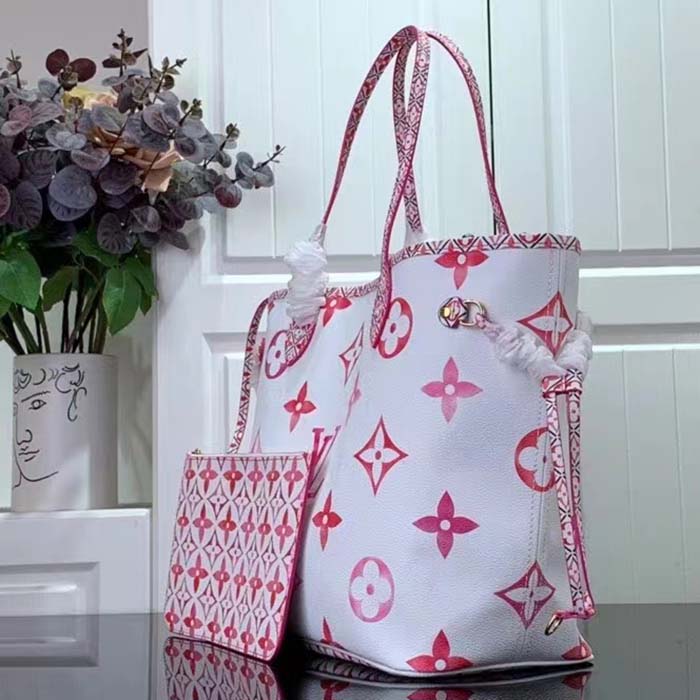 Louis Vuitton LV Unisex Neverfull MM Pink Monogram Coated Canvas Textile Lining