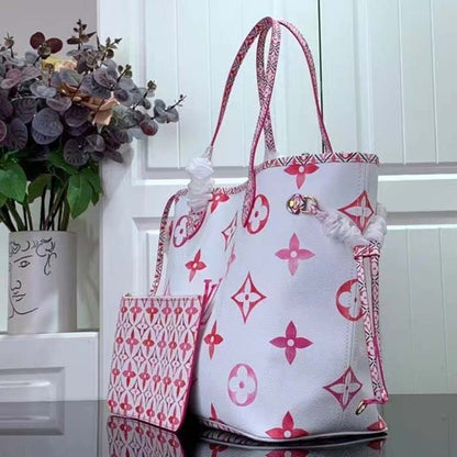 Louis Vuitton LV Unisex Neverfull MM Pink Monogram Coated Canvas Textile Lining