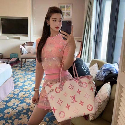 Louis Vuitton LV Unisex Neverfull MM Pink Monogram Coated Canvas Textile Lining