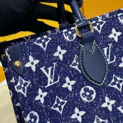 Louis Vuitton LV Unisex Onthego MM Tote Navy Blue Denim Jacquard Textile Calf