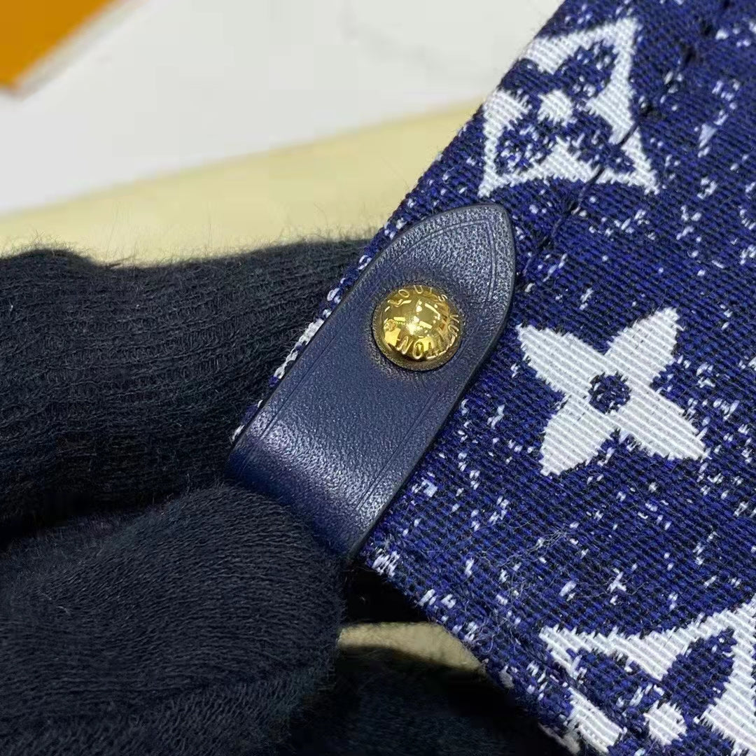 Louis Vuitton LV Unisex Onthego MM Tote Navy Blue Denim Jacquard Textile Calf