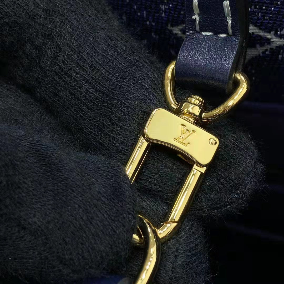 Louis Vuitton LV Unisex Onthego MM Tote Navy Blue Denim Jacquard Textile Calf