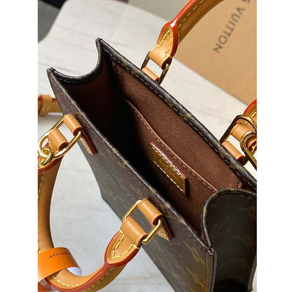 Louis Vuitton LV Unisex Petit Sac Plat Bag Monogram Coated Canvas Aged Natural Cowhide Leather