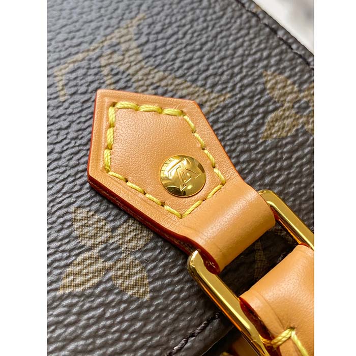 Louis Vuitton LV Unisex Petit Sac Plat Bag Monogram Coated Canvas Aged Natural Cowhide Leather