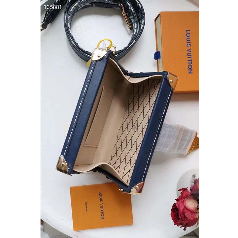 Louis Vuitton LV Unisex Petite Malle Box Handbag Blue Denim Monogram Canvas