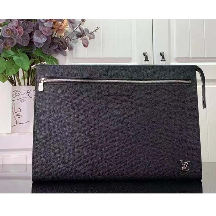 Louis Vuitton LV Unisex Pochette 24H Black Taiga Cowhide Leather Zip Closure