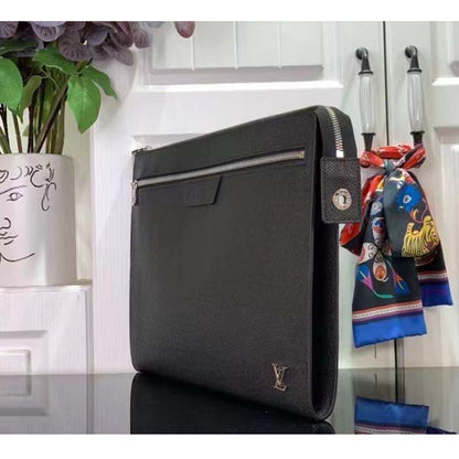 Louis Vuitton LV Unisex Pochette 24H Black Taiga Cowhide Leather Zip Closure