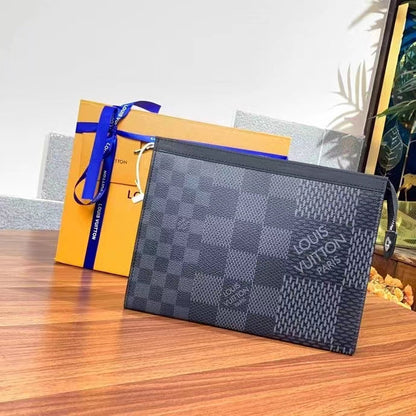 Louis Vuitton LV Unisex Pochette Voyage Gray Damier Graphite 3D Coated Canvas Black Cowhide Leather