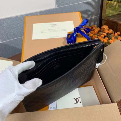 Louis Vuitton LV Unisex Pochette Voyage Gray Damier Graphite 3D Coated Canvas Black Cowhide Leather
