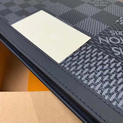 Louis Vuitton LV Unisex Pochette Voyage Gray Damier Graphite 3D Coated Canvas Black Cowhide Leather
