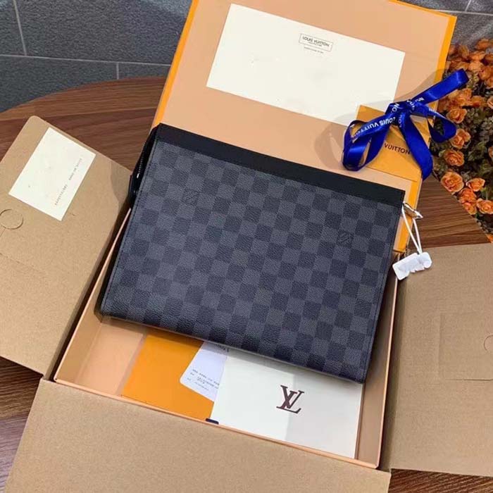 Louis Vuitton LV Unisex Pochette Voyage MM Black Grey Damier Graphite Coated Canvas