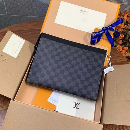 Louis Vuitton LV Unisex Pochette Voyage MM Black Grey Damier Graphite Coated Canvas