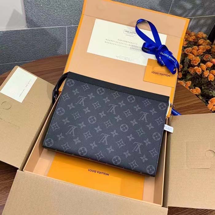Louis Vuitton LV Unisex Pochette Voyage MM Black Grey Monogram Eclipse Canvas