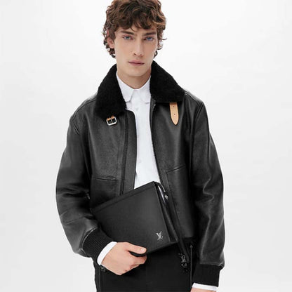 Louis Vuitton LV Unisex Pochette Voyage MM Black Taiga Cowhide Leather