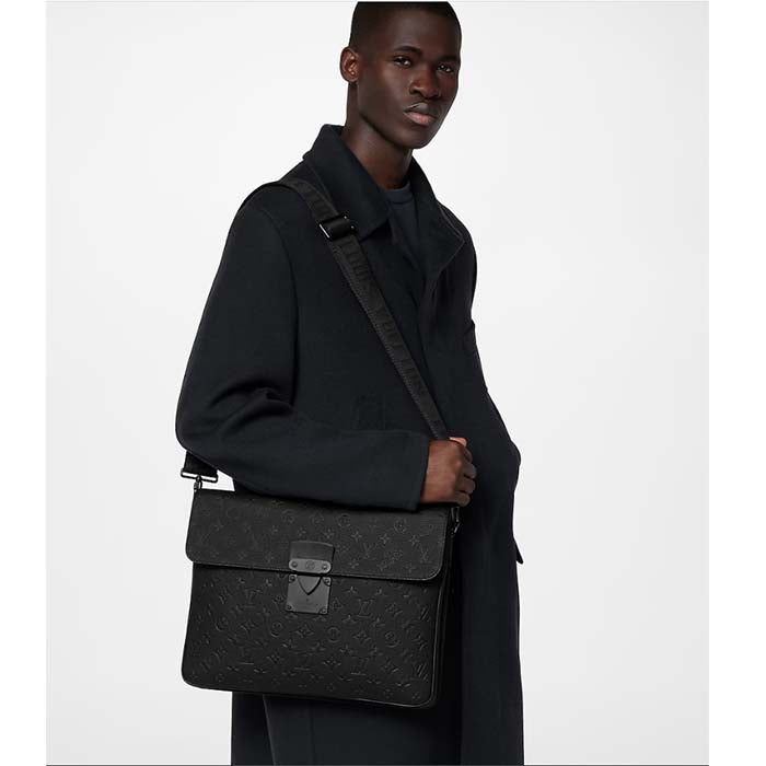 Louis Vuitton LV Unisex S Lock Briefcase Black Taurillon Monogram Embossed Cowhide Leather