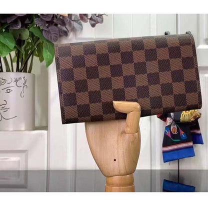 Louis Vuitton LV Unisex Sarah Wallet Pink Damier Ebene Coated Canvas Grained Cowhide Leather