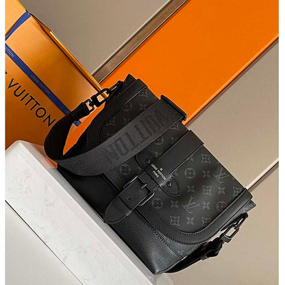 Louis Vuitton LV Unisex Saumur Messenger Monogram Eclipse Coated Canvas Black Leather