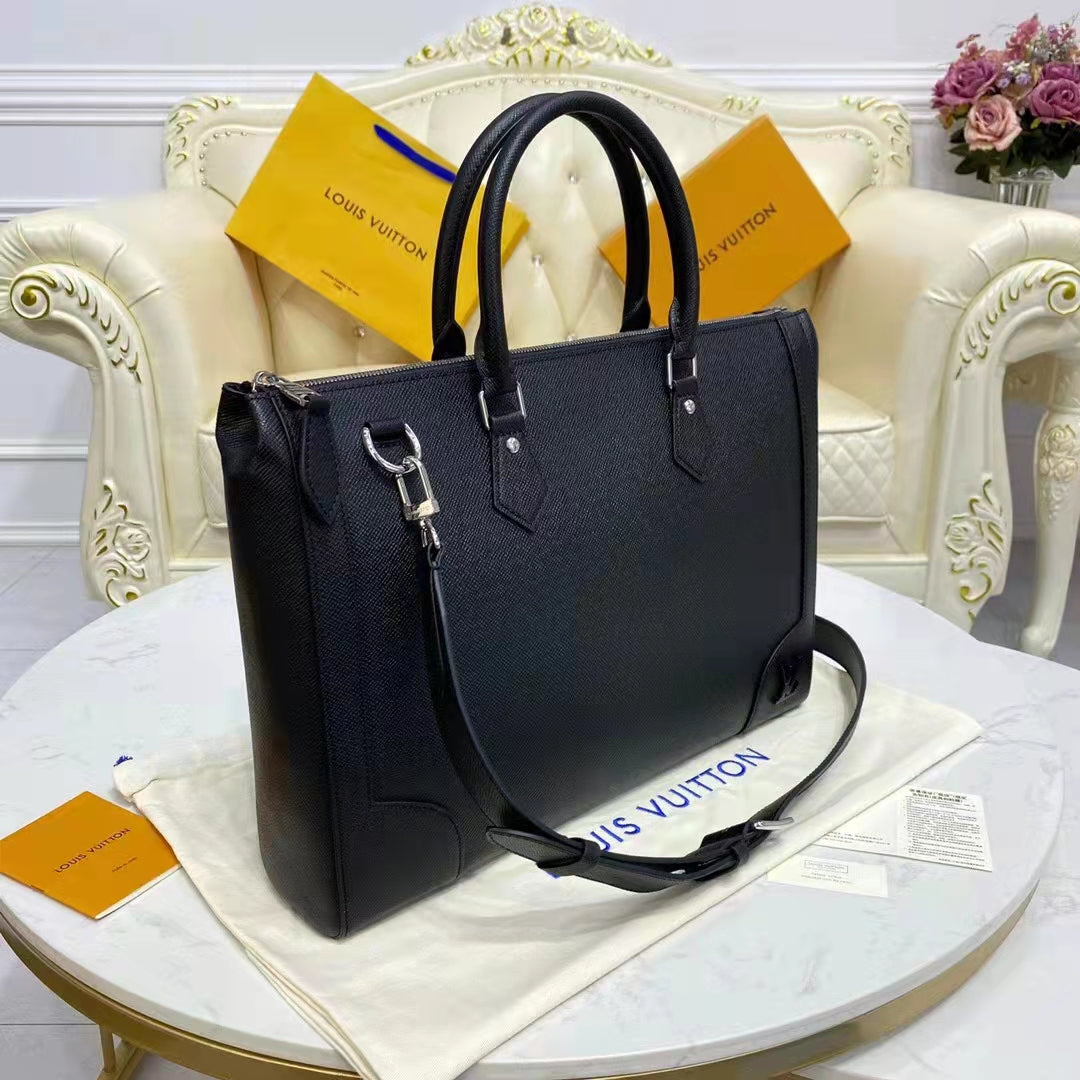 Louis Vuitton LV Unisex Slim Briefcase Black Taiga Cowhide Leather