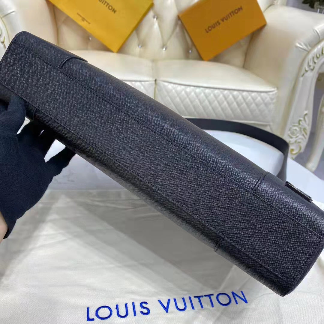Louis Vuitton LV Unisex Slim Briefcase Black Taiga Cowhide Leather