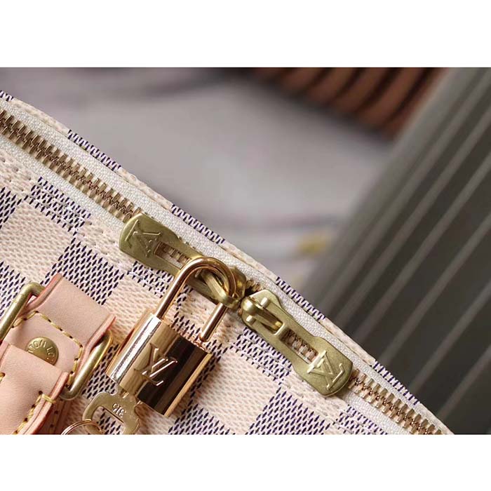 Louis Vuitton LV Unisex Speedy 30 Damier Azur Coated Canvas Natural Cowhide Leather