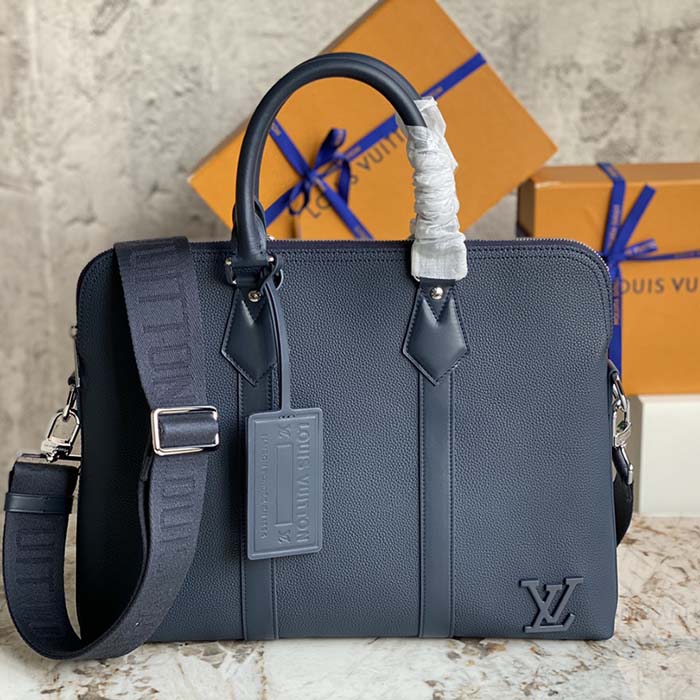 Louis Vuitton LV Unisex Takeoff Briefcase Navy Blue LV Aerogram Cowhide Leather