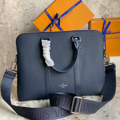 Louis Vuitton LV Unisex Takeoff Briefcase Navy Blue LV Aerogram Cowhide Leather