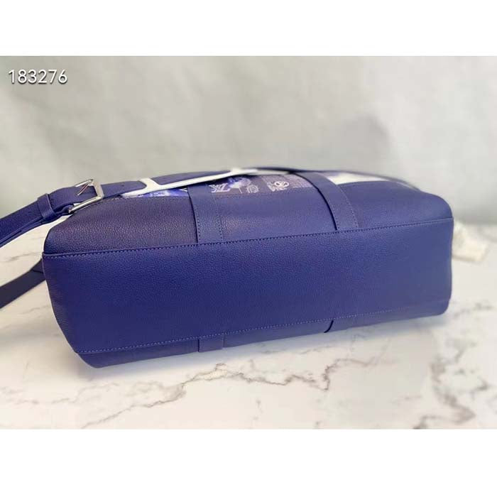 Louis Vuitton LV Unisex Tote Journey Carryall Bag Blue Cowhide Leather Textile Lining
