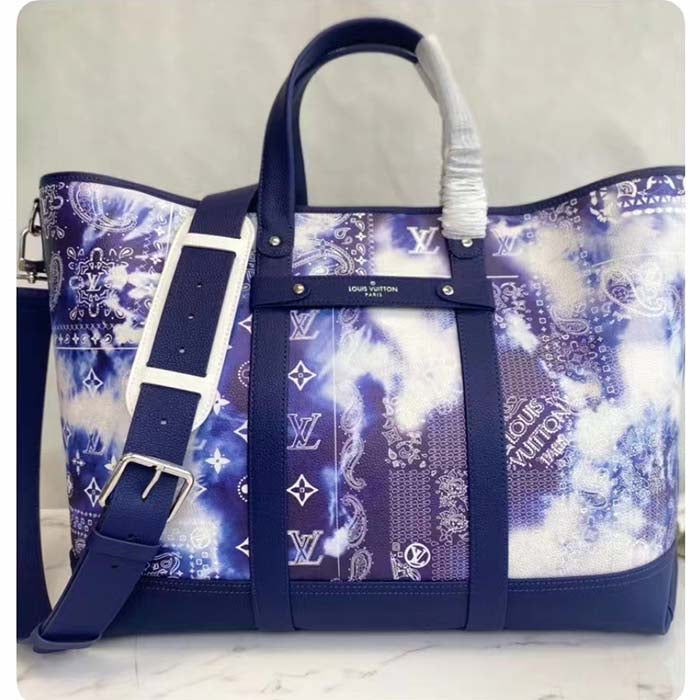 Louis Vuitton LV Unisex Tote Journey Carryall Bag Blue Cowhide Leather Textile Lining