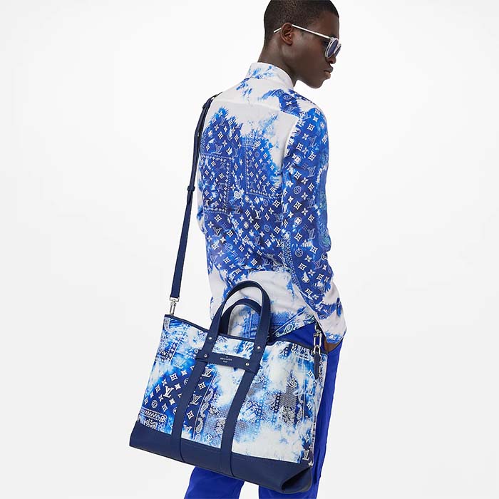 Louis Vuitton LV Unisex Tote Journey Carryall Bag Blue Cowhide Leather Textile Lining