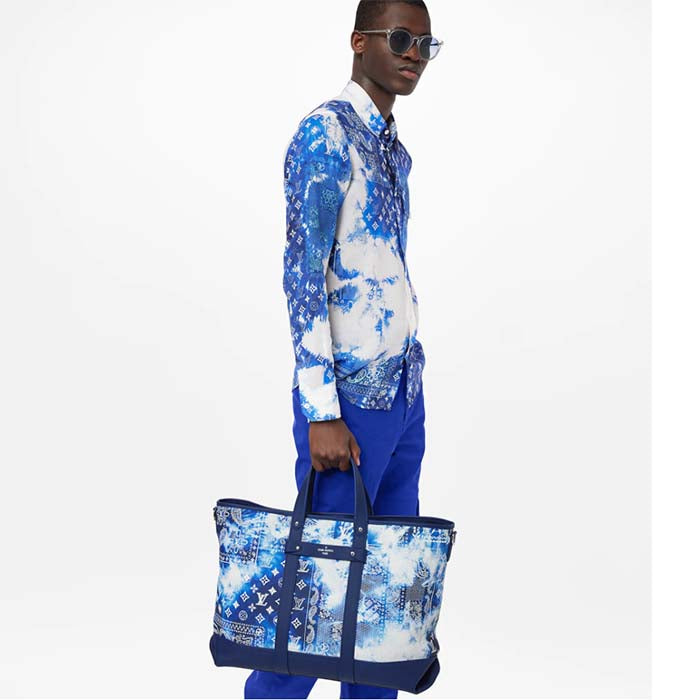 Louis Vuitton LV Unisex Tote Journey Carryall Bag Blue Cowhide Leather Textile Lining