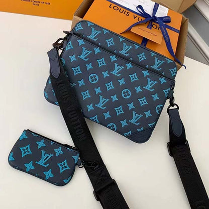 Louis Vuitton LV Unisex Trio Messenger Navy River Blue Calf Leather Textile Lining