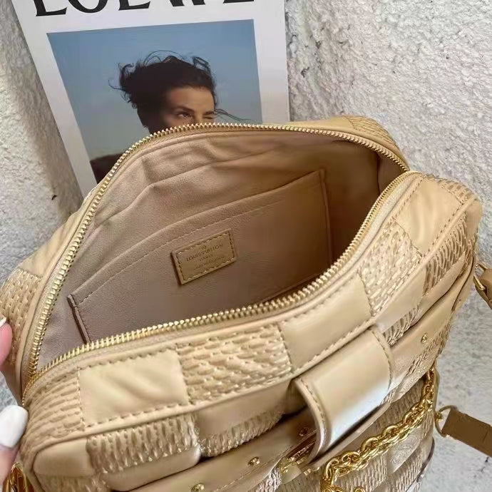 Louis Vuitton LV Women Troca MM Handbag Beige Damier Quilt Lambskin Calfskin