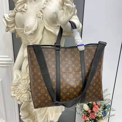 Louis Vuitton LV Unisex WeekEnd Tote GM Monogram Macassar Coated Canvas Cowhide Leather