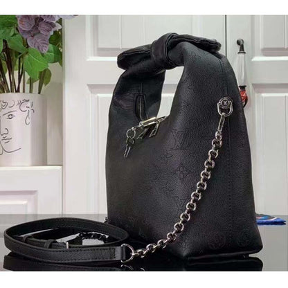 Louis Vuitton LV Unisex Why Knot MM Handbag Galet Black Perforated Mahina Calf Leather