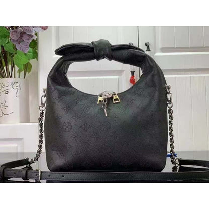 Louis Vuitton LV Unisex Why Knot MM Handbag Galet Black Perforated Mahina Calf Leather