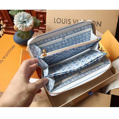Louis Vuitton LV Unisex Zippy Wallet Blue Monogram Coated Canvas Zip Closure