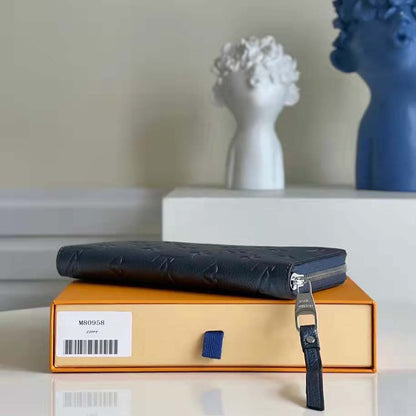 Louis Vuitton LV Unisex Zippy Wallet Navy Nacre Embossed Grained Cowhide Leather