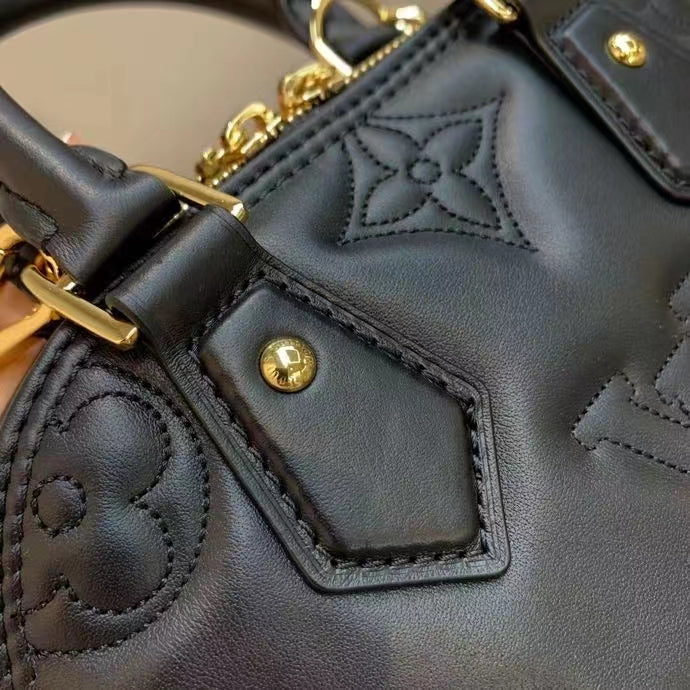 Louis Vuitton LV Women Alma BB Handbag Black Quilted Embroidered Smooth Calf Leather